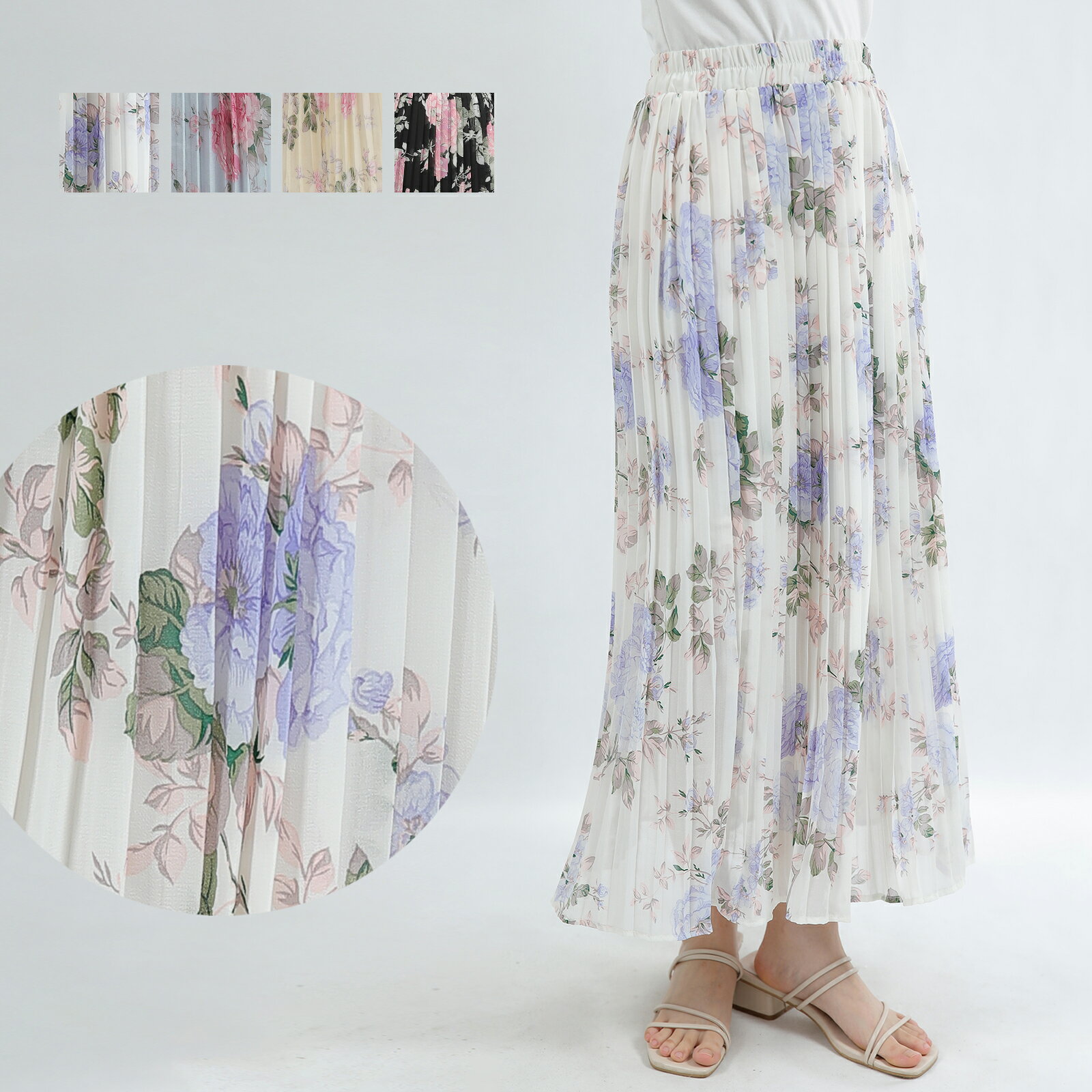 プリーツスカート ロング丈 スカート ロンスカ シンプル レディース 春 夏 花柄 フェミニン 上品 ボトムス オフィスカジュアル ウエストゴム 体型カバー デート服 食事会 飲み会 コーデ エレガント 20代 30代 40代 50代 60代 画像1