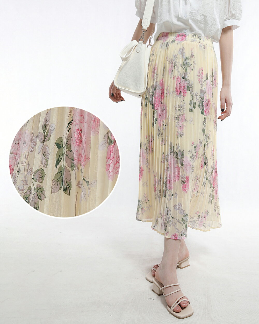 プリーツスカート ロング丈 スカート ロンスカ シンプル レディース 春 夏 花柄 フェミニン 上品 ボトムス オフィスカジュアル ウエストゴム 体型カバー デート服 食事会 飲み会 コーデ エレガント 20代 30代 40代 50代 60代 詳細