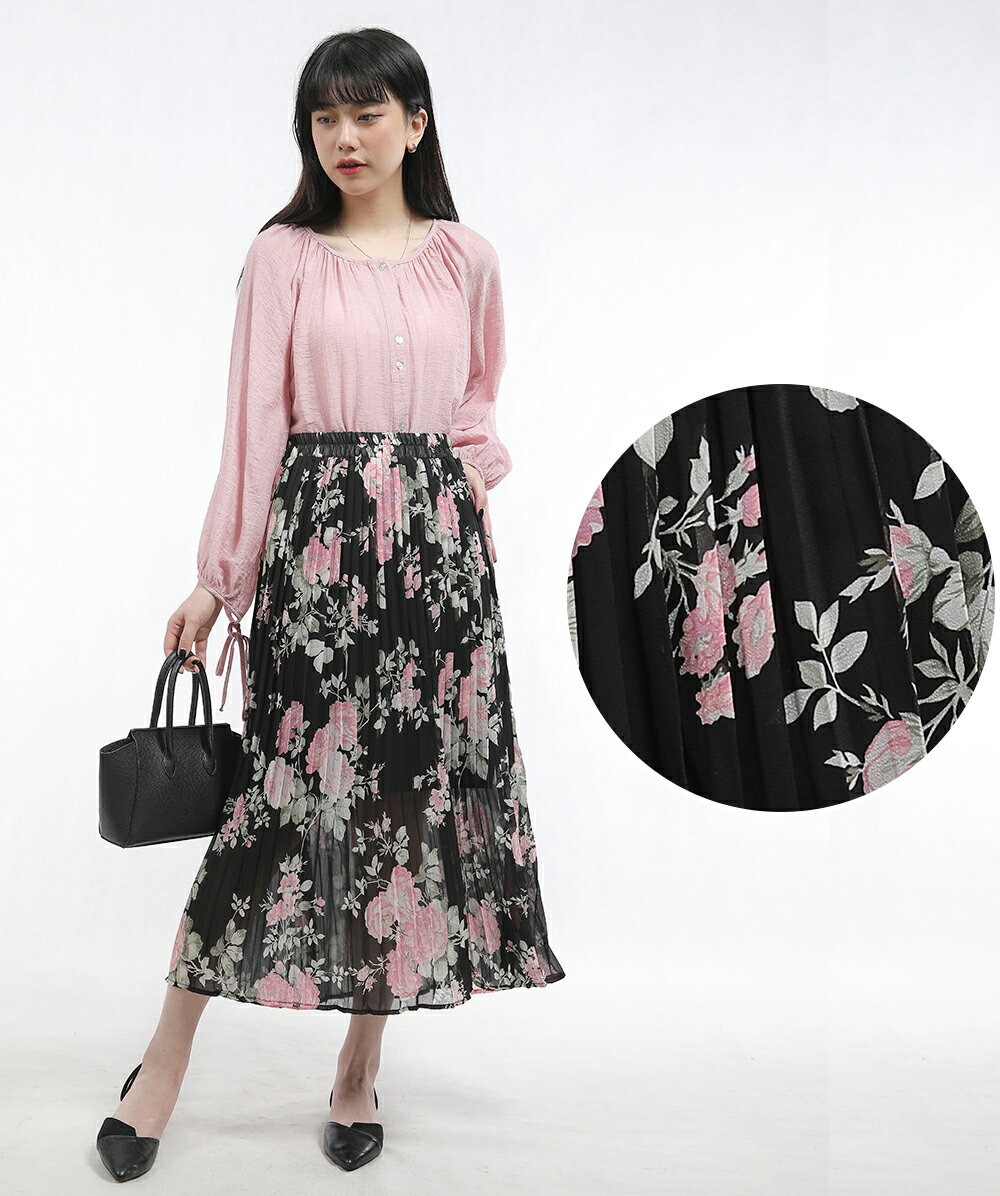プリーツスカート ロング丈 スカート ロンスカ シンプル レディース 春 夏 花柄 フェミニン 上品 ボトムス オフィスカジュアル ウエストゴム 体型カバー デート服 食事会 飲み会 コーデ エレガント 20代 30代 40代 50代 60代 着用イメージ