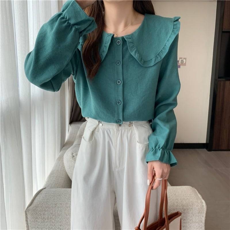 3color レディース ブラウス 丸襟 ボタン 前開き シャツ ガーリー ラブリー キュート モテ モテコーデ デートコーデ フリル おしゃれ オシャレ お洒落 春夏 春 夏 秋冬 秋 冬 ママ ママコーデ 20代 30代 40代 デート お出かけ 画像1