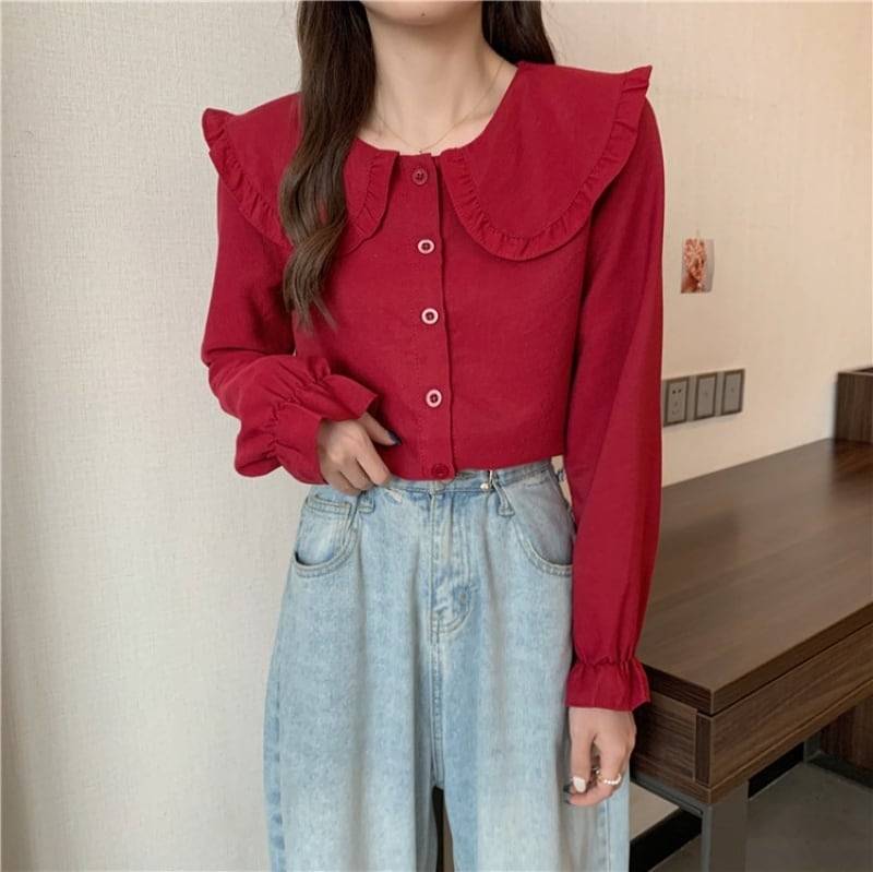 3color レディース ブラウス 丸襟 ボタン 前開き シャツ ガーリー ラブリー キュート モテ モテコーデ デートコーデ フリル おしゃれ オシャレ お洒落 春夏 春 夏 秋冬 秋 冬 ママ ママコーデ 20代 30代 40代 デート お出かけ 商品画像
